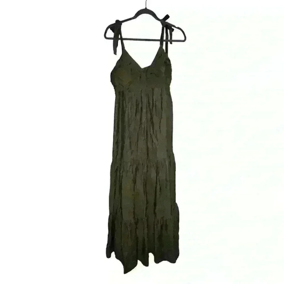 Olive green tiered maxi dress with tie straps size medium - Picture 1 of 5